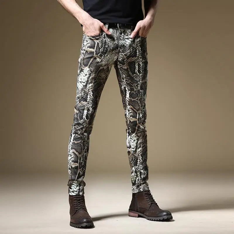 Light Luxury Men’s Street Fashion Snake Skin Print Stretch Jeans,Korea