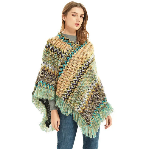 Patchwork Shawl Knitted Striped Print Cardigans Women Poncho Autumn