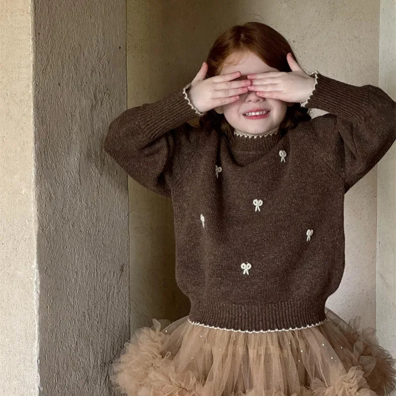 Childrens Sweater Winter New Girl Embroidery Butterfly-knot Lace
