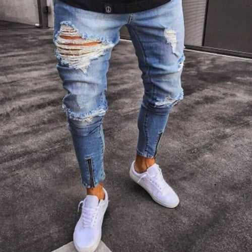 2022 New Skinny Jeans Light Blue Black Ripped Stretch Men&