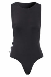 Chic black bodysuit with dropped armholes and metallic button detailing.