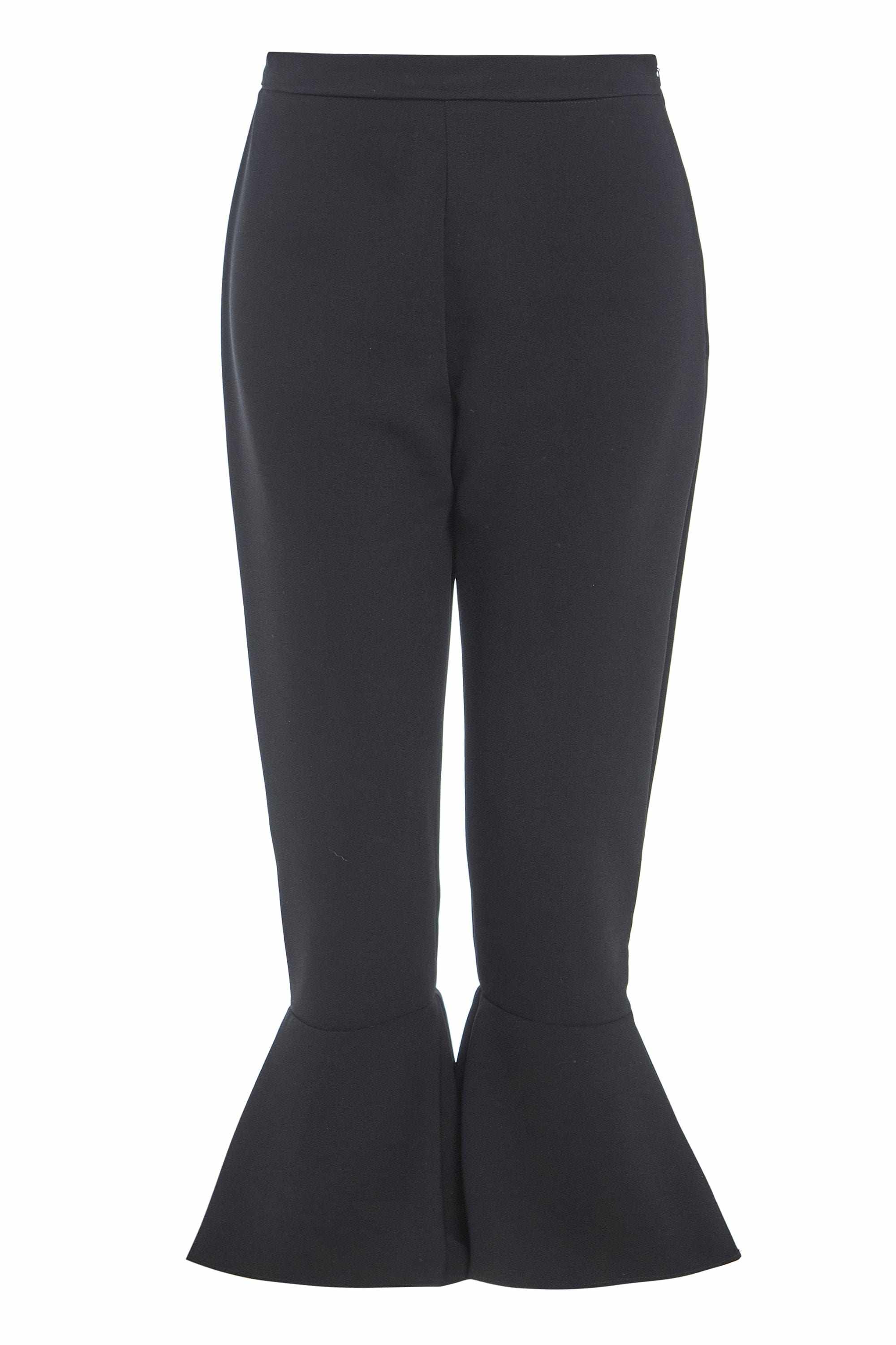 Black frill hem trousers with high waist and flared cuffs.