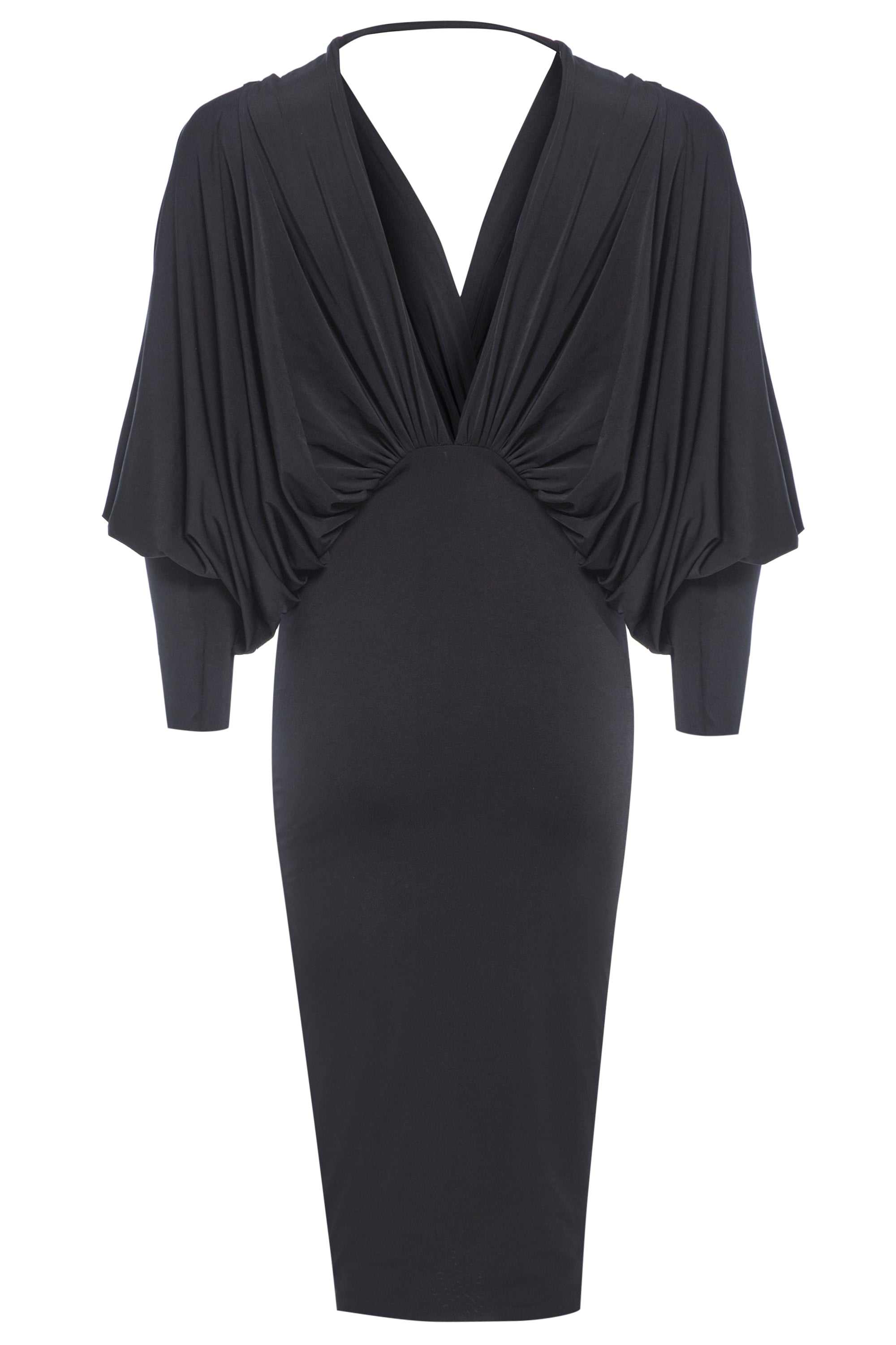 Black batwing sleeve dress with bodycon fit and plunging neckline.