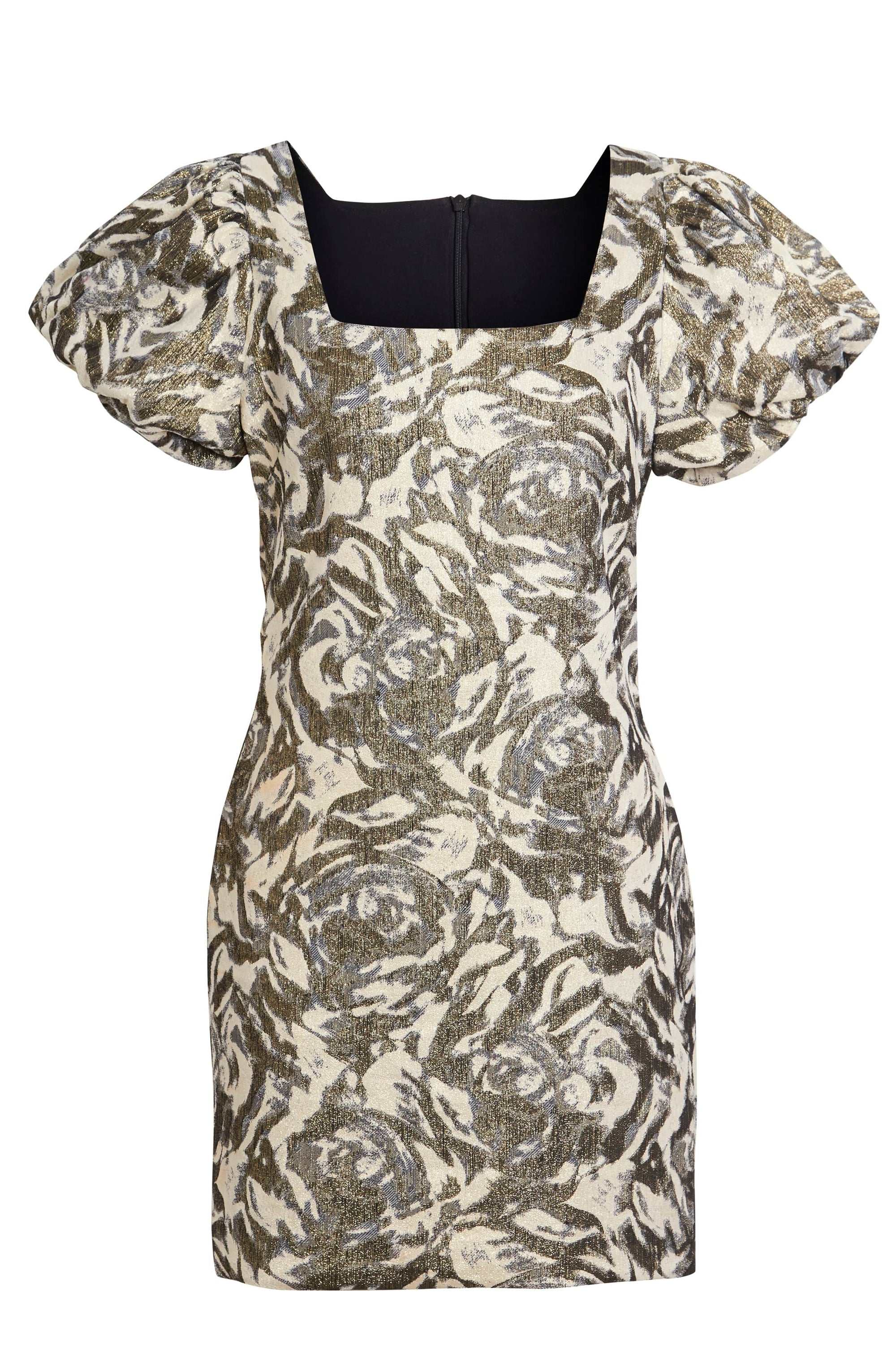 Puff shoulder dress with gold floral sparkly design and square neckline.