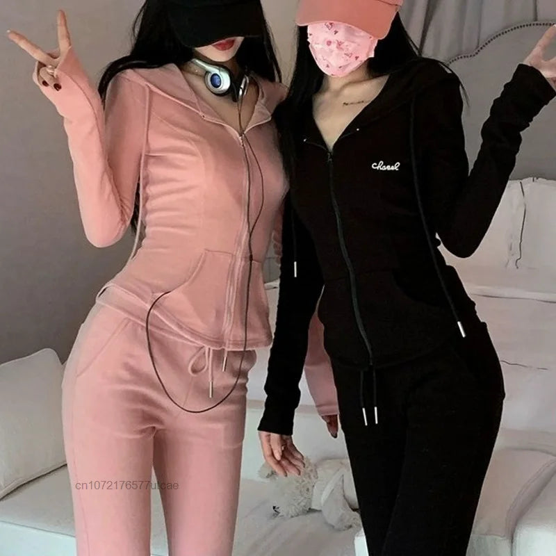 Pink Sweet 2 Pcs Pants Sets for Women Hooded Sweater & Pants Casual