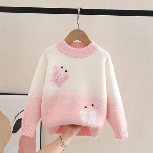 Sweaters Girl Elegant Butterfly Pattern Knitted Pullovers O-Neck Furry
