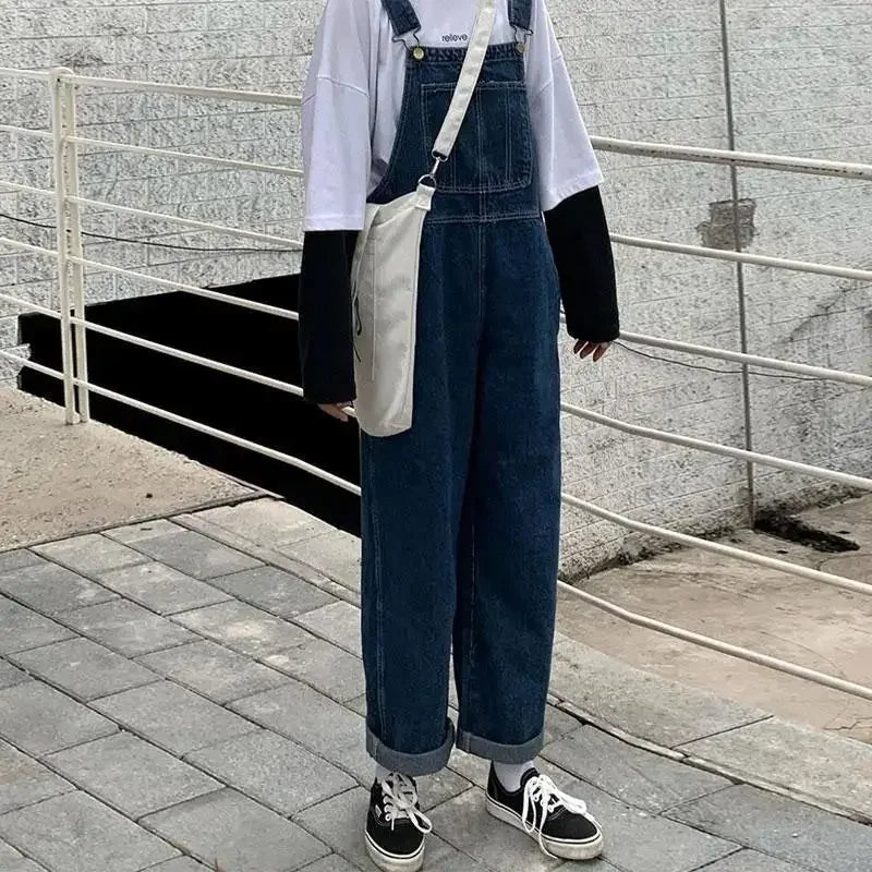 Korean Loose Denim Overalls Women Spring Autumn Straight Wide Leg