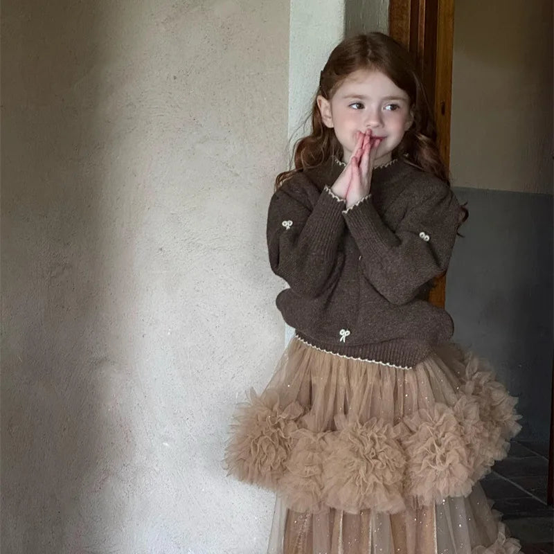 Childrens Sweater Winter New Girl Embroidery Butterfly-knot Lace