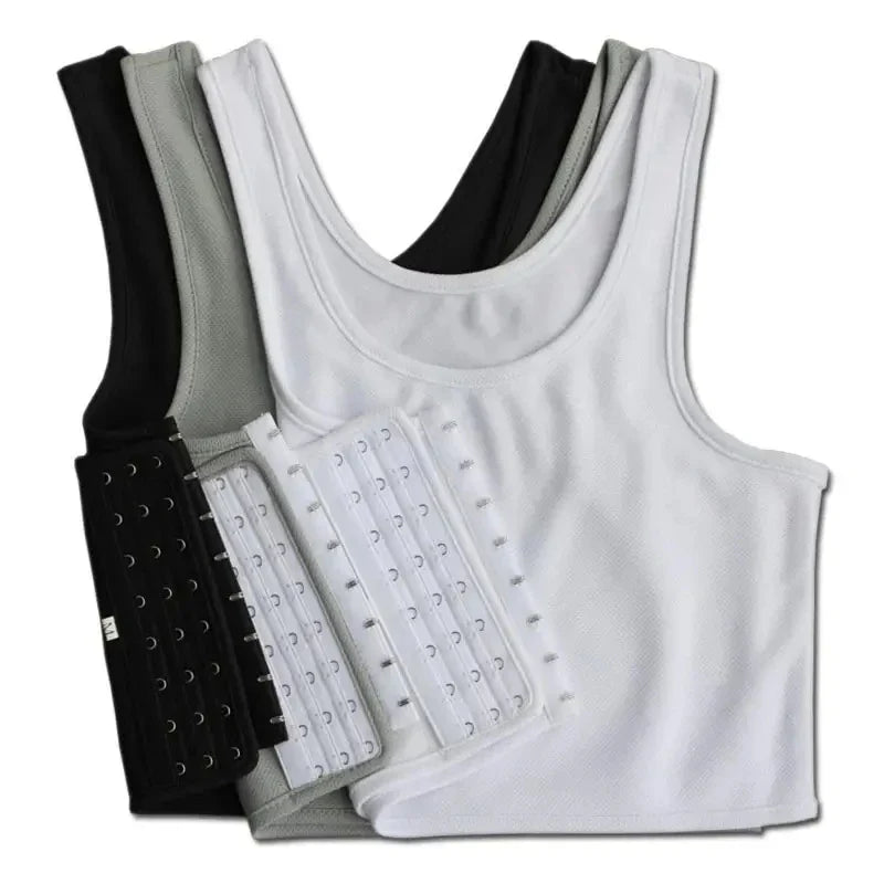 Flat breast binder underwear in assorted colors with seamless side buckle design.