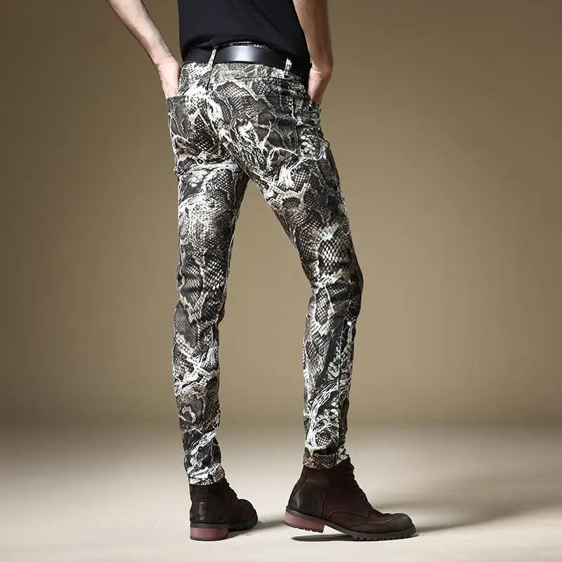 Light Luxury Men’s Street Fashion Snake Skin Print Stretch Jeans,Korea