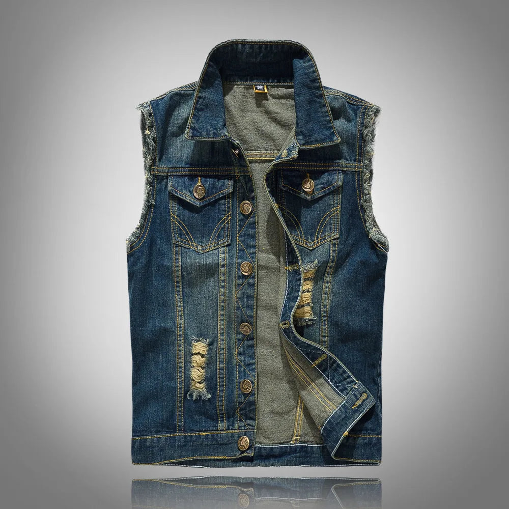 Men Slim Denim Vests Jackets New Fashion Male Blue Fit Denim Coats