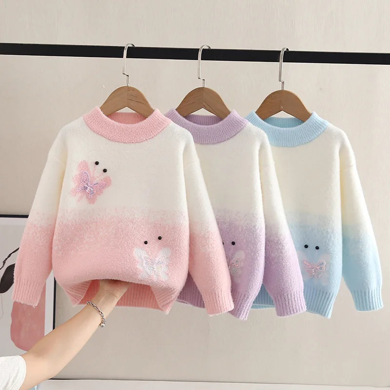 Sweaters Girl Elegant Butterfly Pattern Knitted Pullovers O-Neck Furry