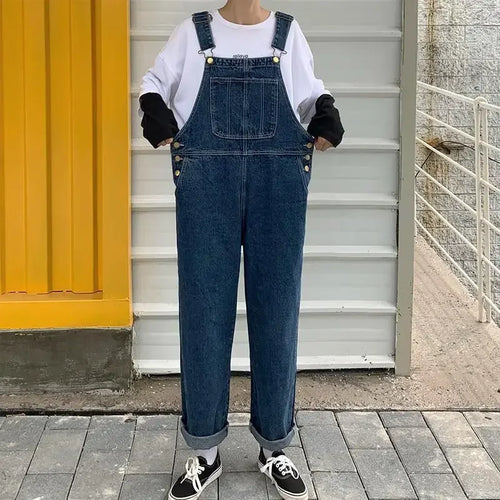 Korean Loose Denim Overalls Women Spring Autumn Straight Wide Leg