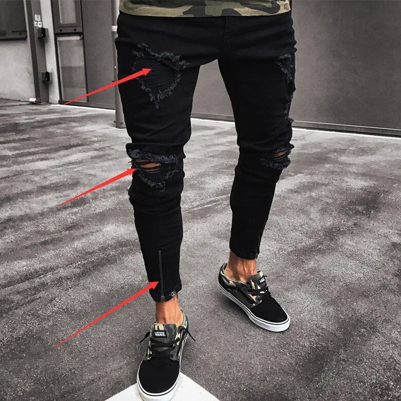 2022 New Skinny Jeans Light Blue Black Ripped Stretch Men&