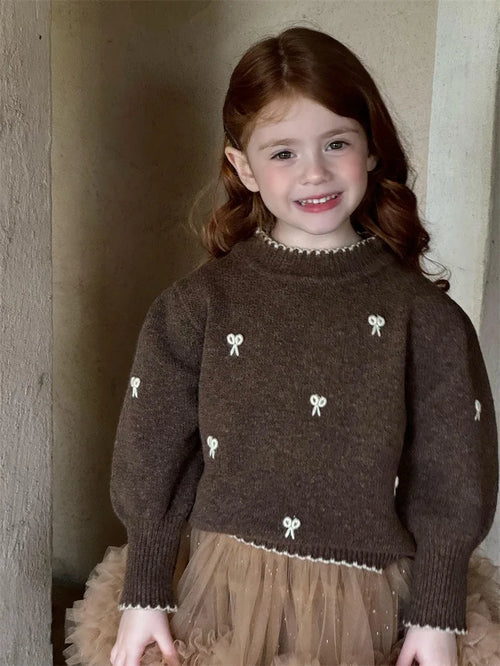 Childrens Sweater Winter New Girl Embroidery Butterfly-knot Lace