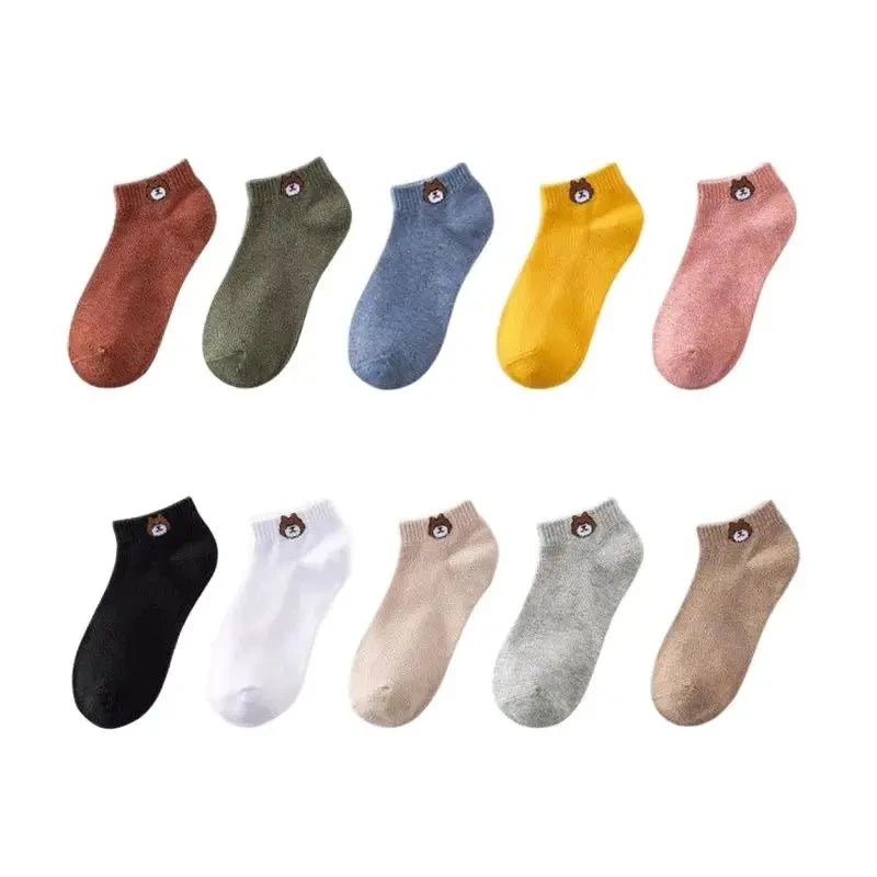 10 Pairs Women Low Socks Set With Cute Bear Pattern Fashionable Women