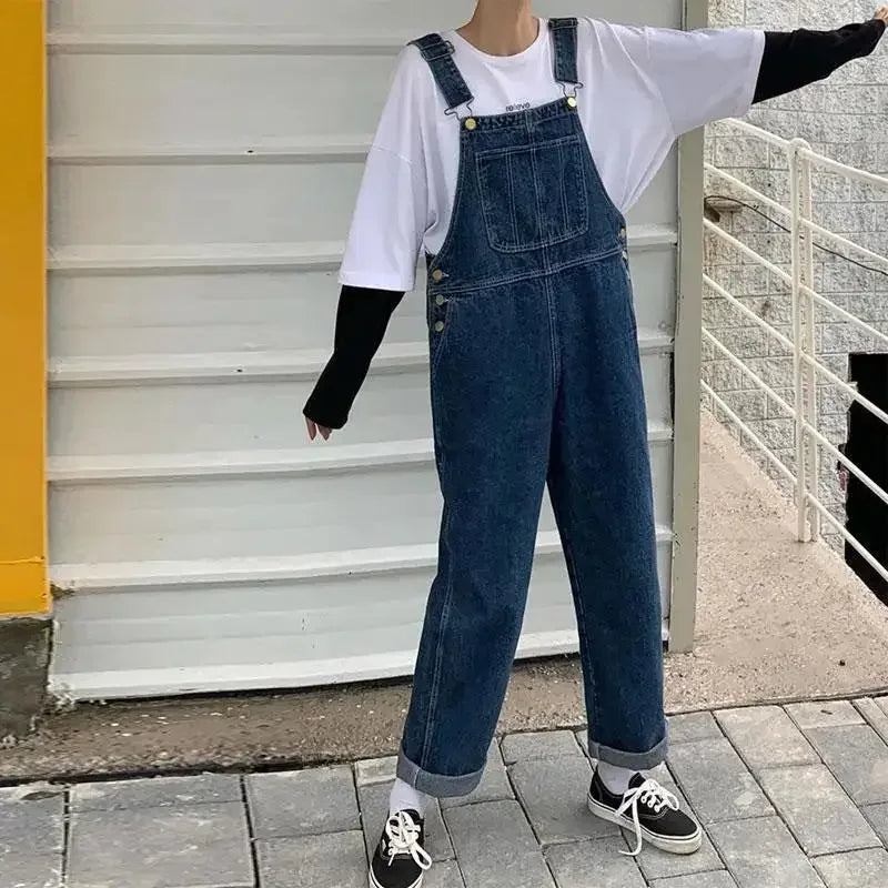 Korean Loose Denim Overalls Women Spring Autumn Straight Wide Leg