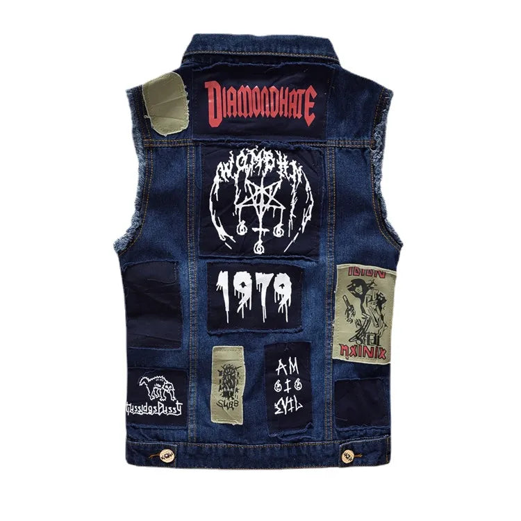 Men Patched Denim Waistcoats Vests Jackets New Fashion Male Fit Denim
