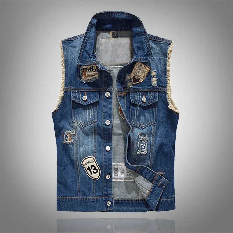 Men Patched Denim Waistcoats Vests Jackets New Fashion Male Fit Denim