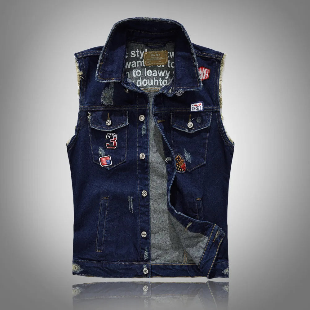 Men Patched Denim Waistcoats Vests Jackets New Fashion Male Fit Denim