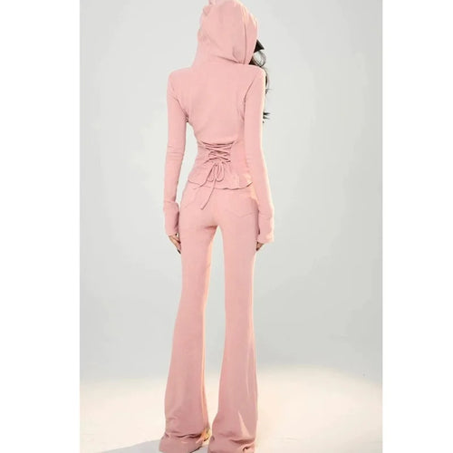 Pink Sweet 2 Pcs Pants Sets for Women Hooded Sweater & Pants Casual