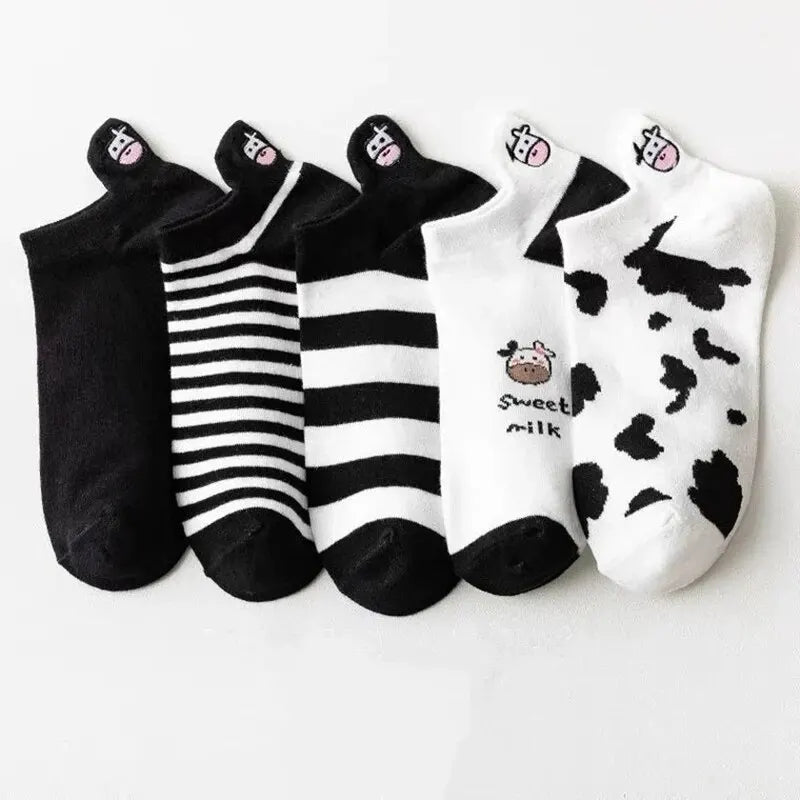 10 Pairs Womens Socks Lovely Cow Pattern Short Socks Creative Printing