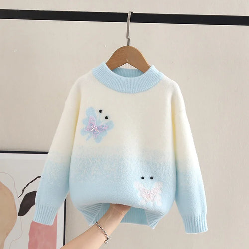 Sweaters Girl Elegant Butterfly Pattern Knitted Pullovers O-Neck Furry
