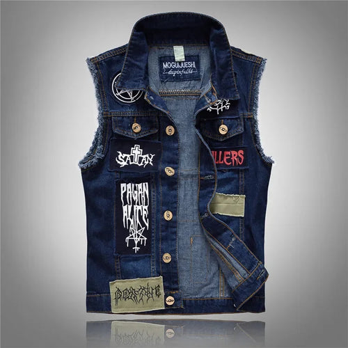 Men Patched Denim Waistcoats Vests Jackets New Fashion Male Fit Coats