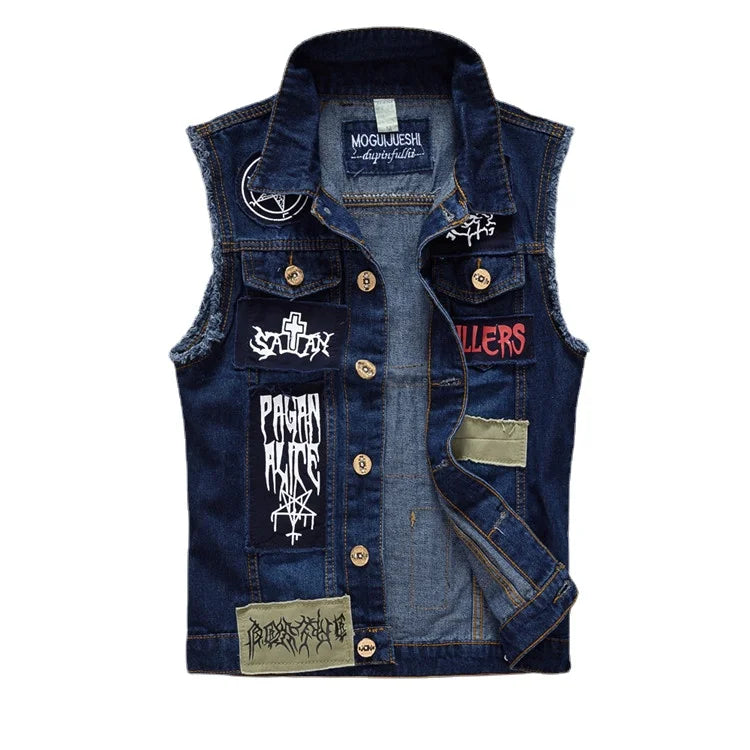 Men Patched Denim Waistcoats Vests Jackets New Fashion Male Fit Denim