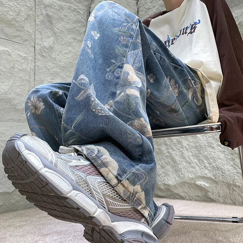 Baggy Flower Jeans Men Fashion Oversized Wide Leg Jeans Men Streetwear