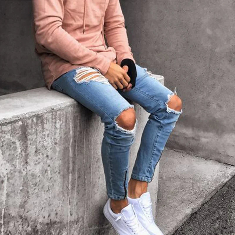 2022 New Skinny Jeans Light Blue Black Ripped Stretch Men&