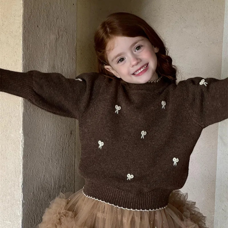 Childrens Sweater Winter New Girl Embroidery Butterfly-knot Lace