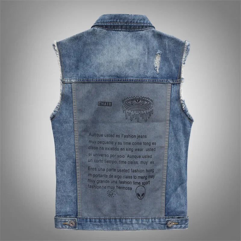Men Patched Denim Waistcoats Vests Jackets New Fashion Male Fit Coats