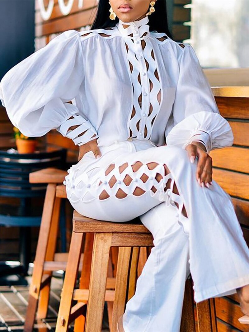 Sexy two-piece pants set for women with hollow-out details, stand collar, and lantern sleeves in white.