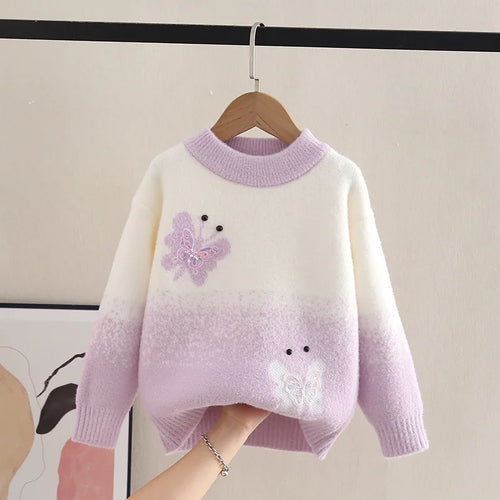 Sweaters Girl Elegant Butterfly Pattern Knitted Pullovers O-Neck Furry