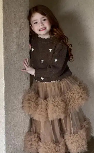 Childrens Sweater Winter New Girl Embroidery Butterfly-knot Lace