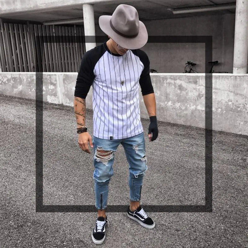 2022 New Skinny Jeans Light Blue Black Ripped Stretch Men&