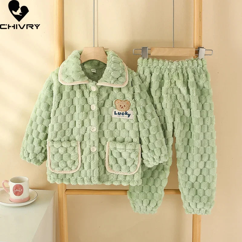 New Kids Boys Girls Autumn Winter Flannel Thicken Pajamas Baby Cartoon