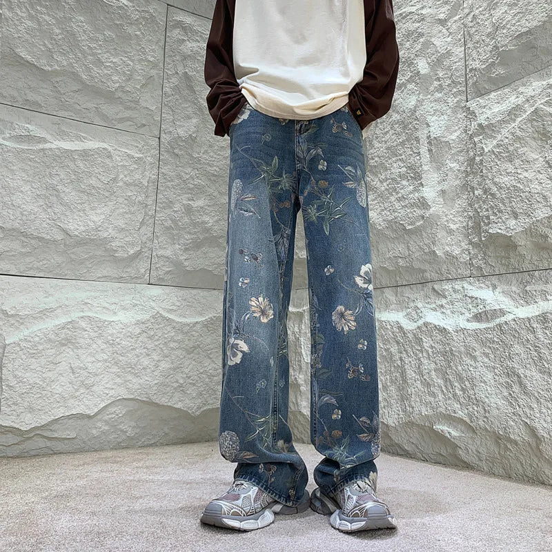 Baggy Flower Jeans Men Fashion Oversized Wide Leg Jeans Men Streetwear