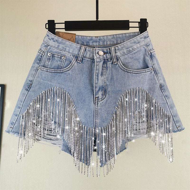 High waist summer ripped denim shorts with diamond tassel detailing, casual Y2k style.