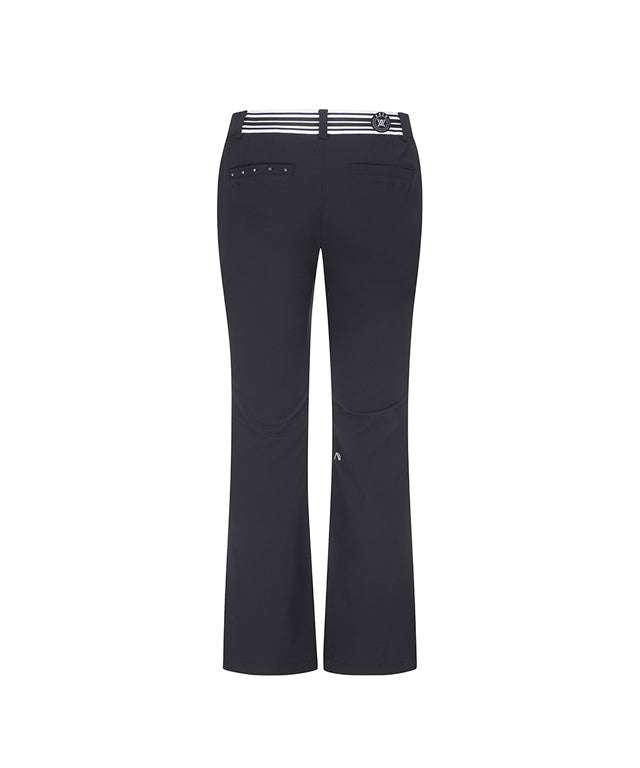 Black women’s bootcut pants with banding and studded pockets.