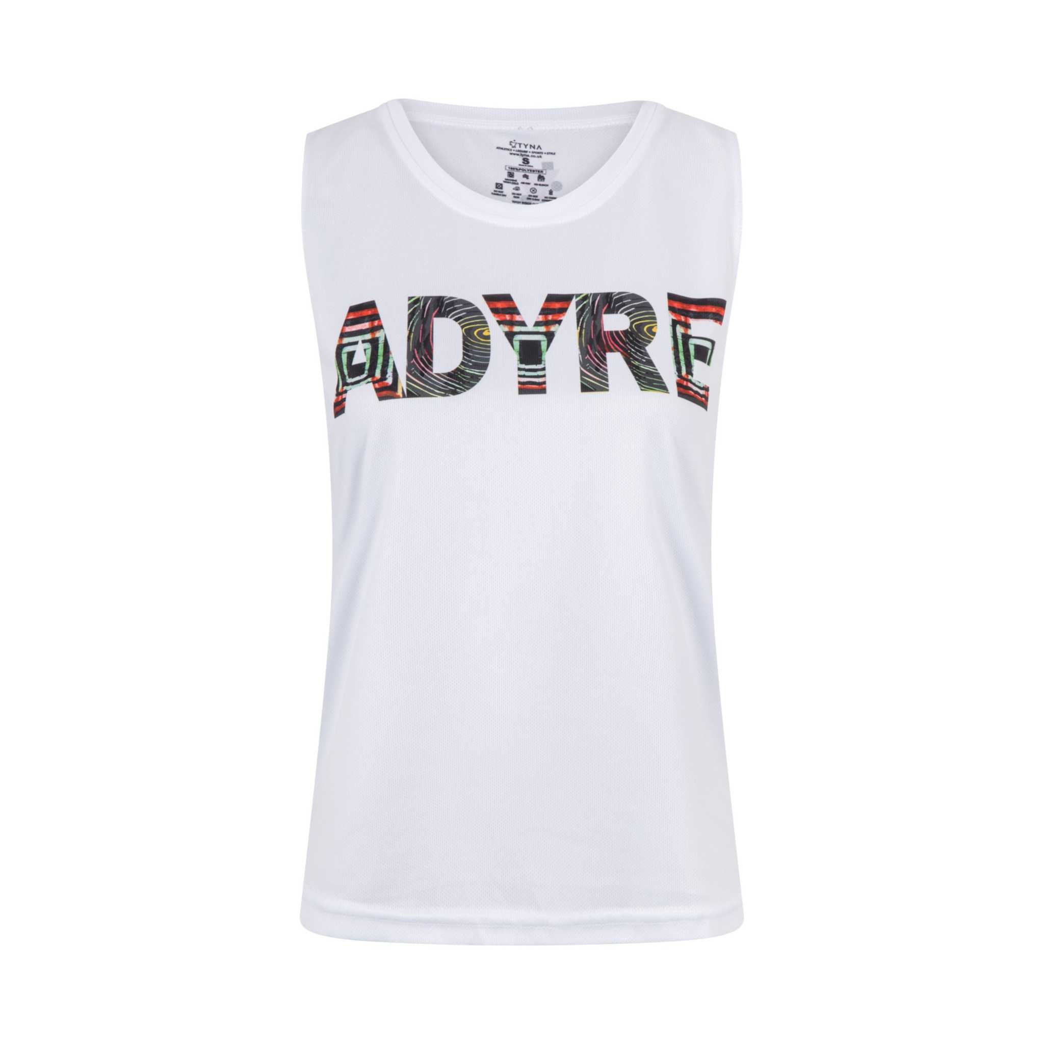 Adyre Mesh Workout Vest in white with bold slogan design, featuring a relaxed fit and dropped armholes for optimal airflow during activities like yoga and running.