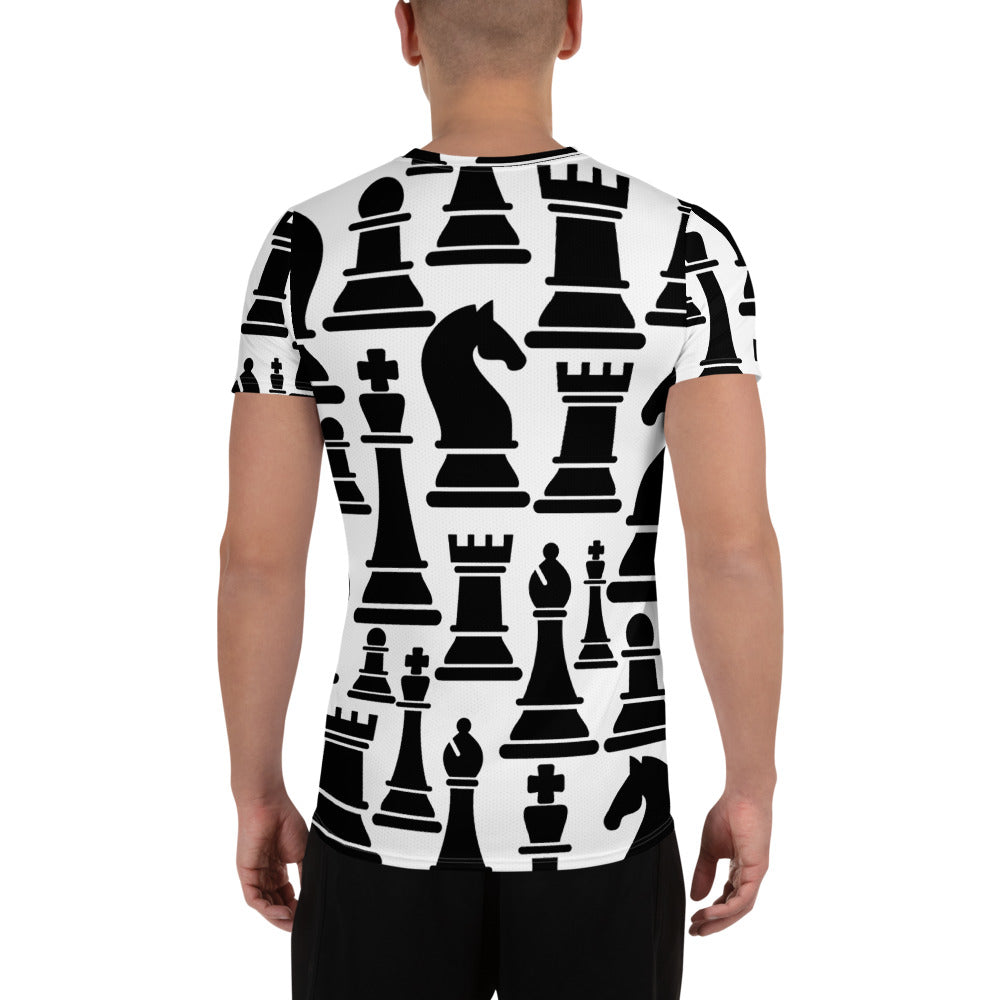 Mens Stretch Fit Athletic Sports T-shirt, Black and White Chess Print