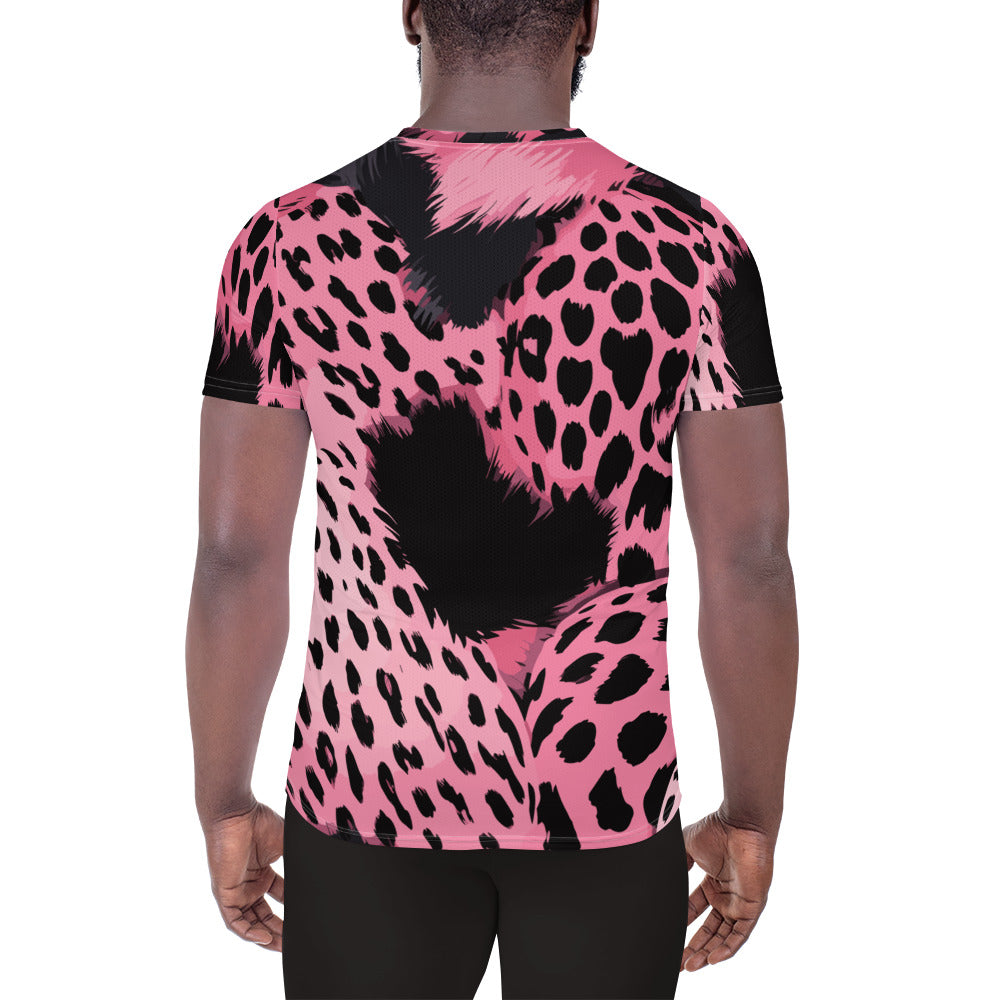 Mens Stretch Fit Athletic Sports T-shirt, Pink Black Spotted Print
