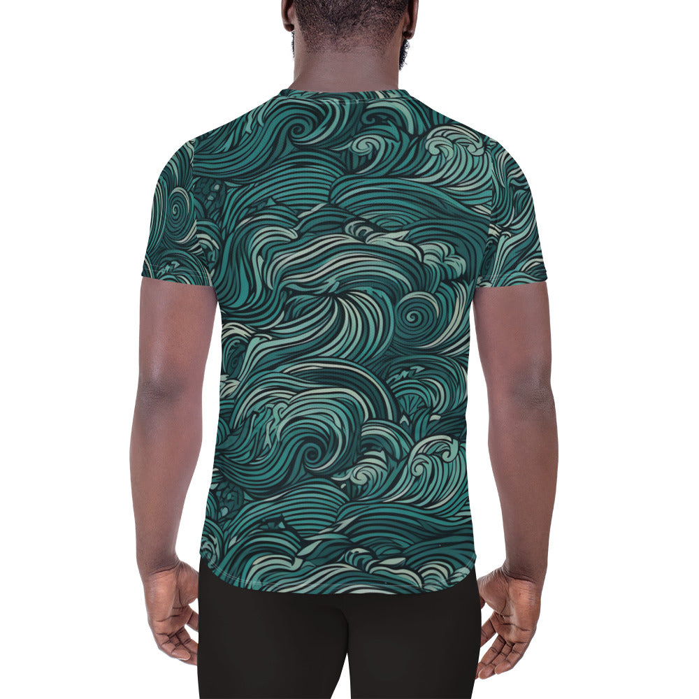 Mens Stretch Fit Athletic Sports T-shirt, Mint Green Water Wave Print