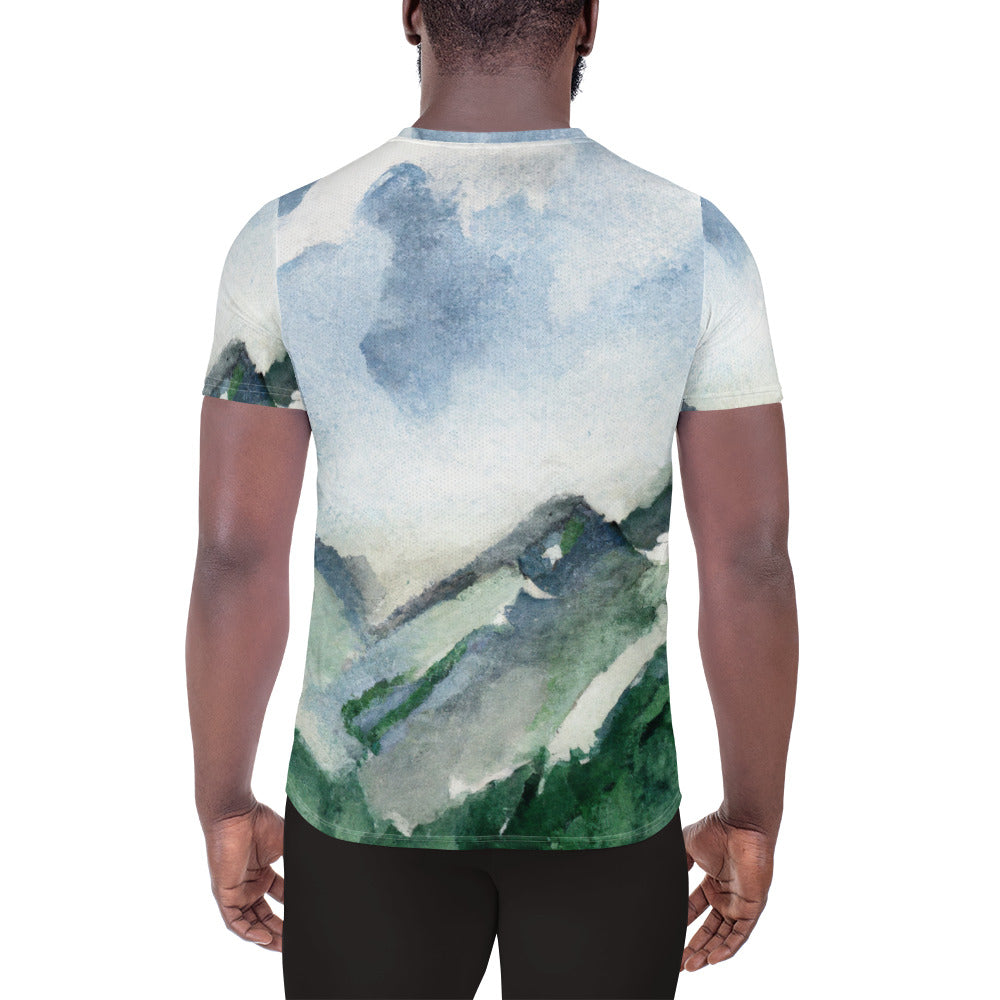 Mens Stretch Fit Athletic Sports T-shirt, Green Mountainside Nature