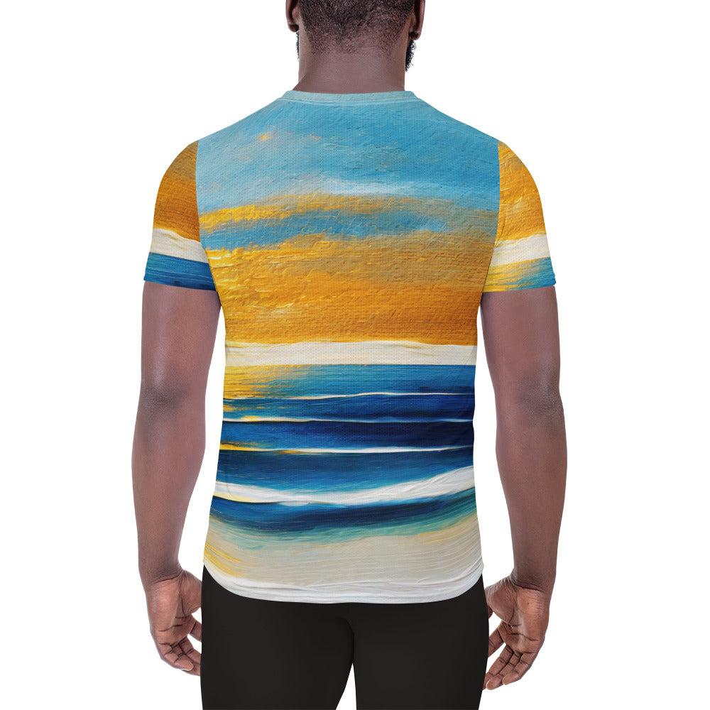 Mens Stretch Fit Athletic Sports T-shirt, Blue Ocean Golden Sunset 3