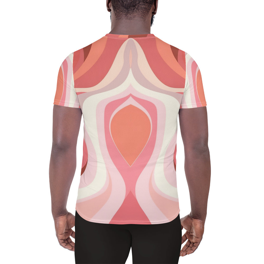 Mens Stretch Fit Athletic Sports T-shirt, Pink White Boho Swirl Lines