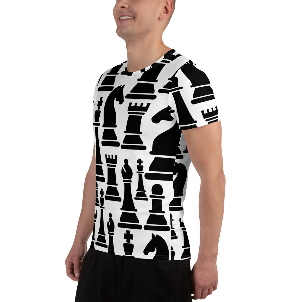 Mens Stretch Fit Athletic Sports T-shirt, Black and White Chess Print