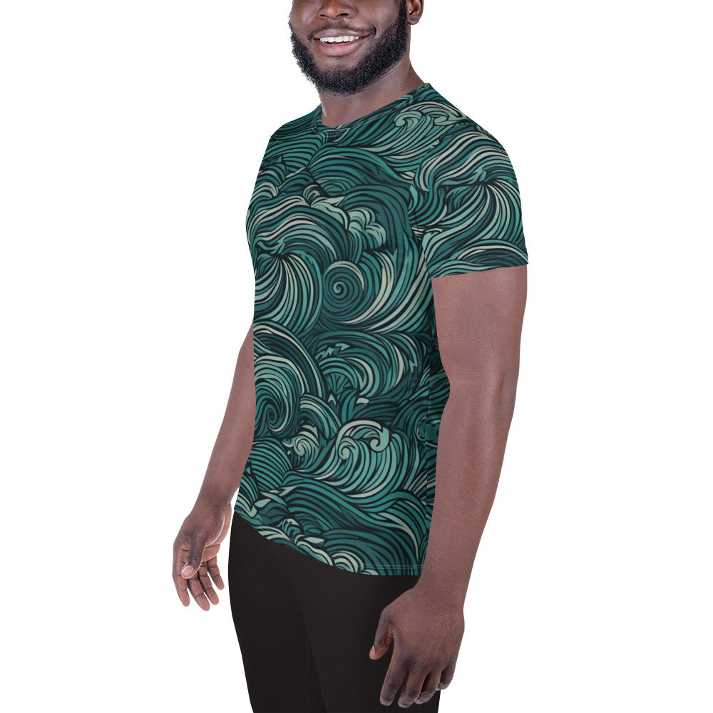 Mens Stretch Fit Athletic Sports T-shirt, Mint Green Water Wave Print